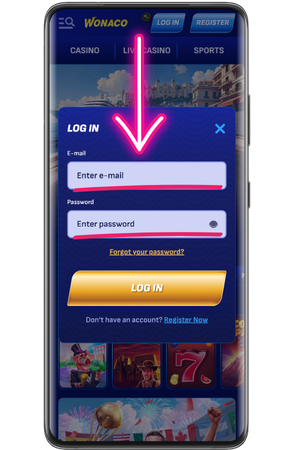 Casino Wonaco login form with email and password fields