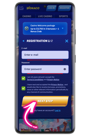 Casino Wonaco registration form with email and password fields