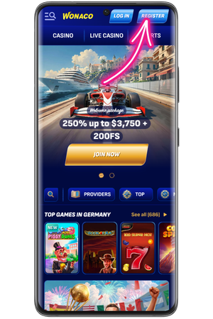 Player taps registration button on Wonaco Casino official site