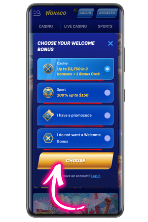 Wonaco online Casino bonus selection screen during registration